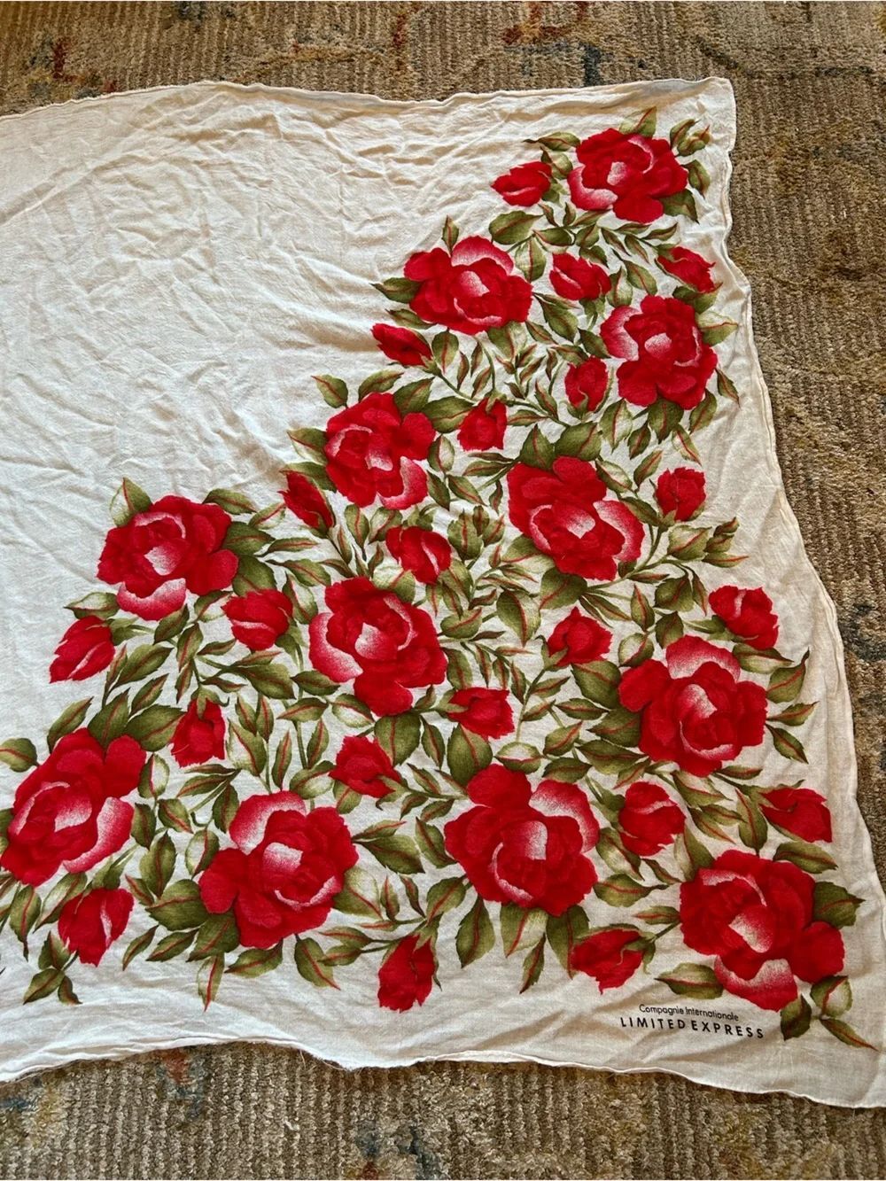 Vintage Limited Express White Square Scarf with Red Rose and Green Leaf Print - Picture 7 of 9